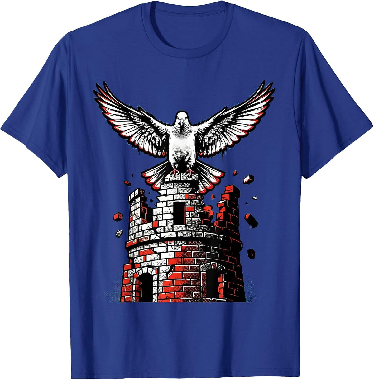 Dove Perched on a Crumbling Tower Illustration T-Shirt - Royal Blue