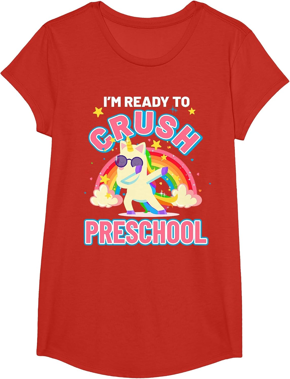 Welcome Back to School Unicorn Crushing Preschool T-Shirt - Girls Red