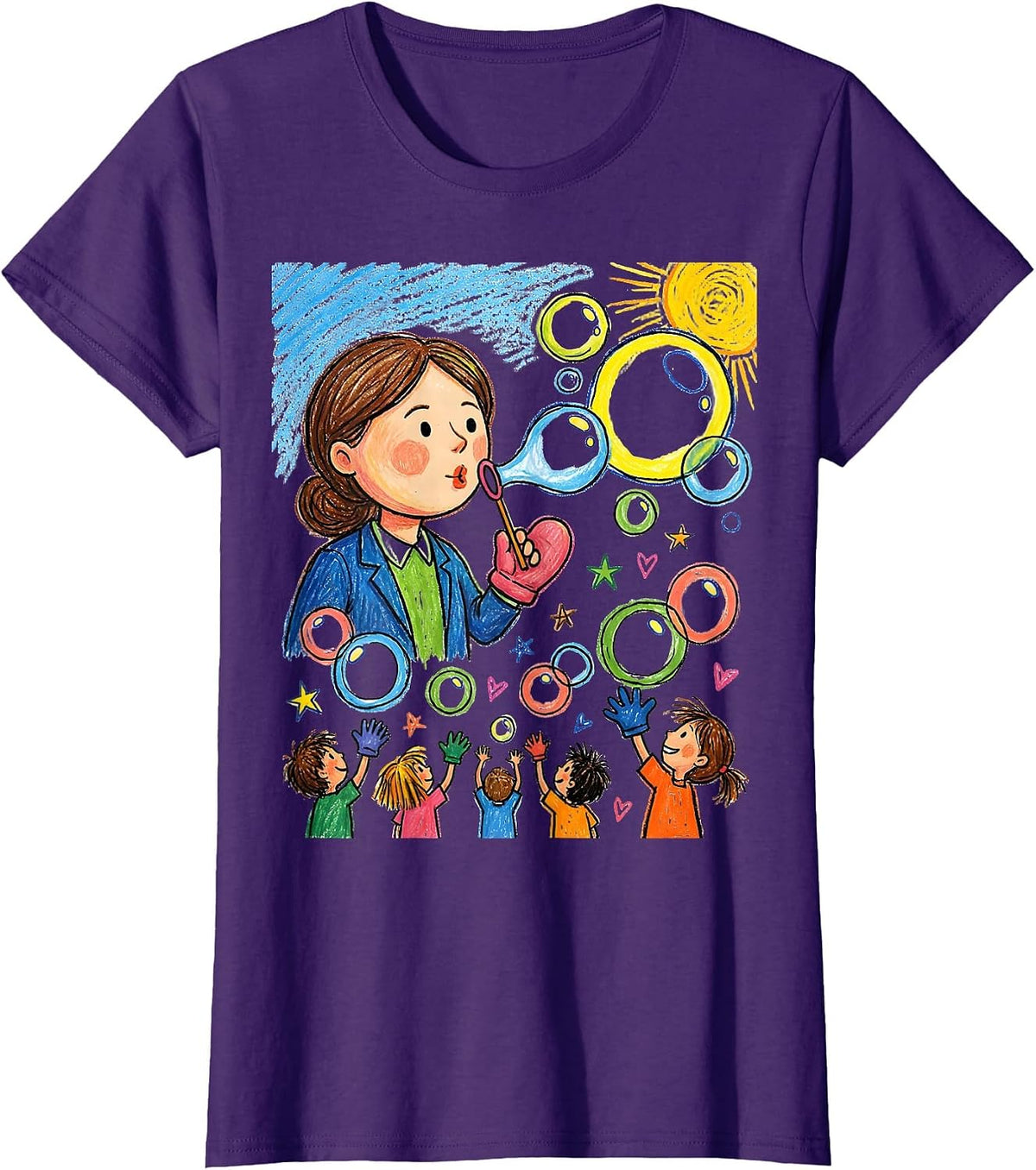 Women's Preschool Teacher Bubble Blowing Graphic T-Shirt - Purple