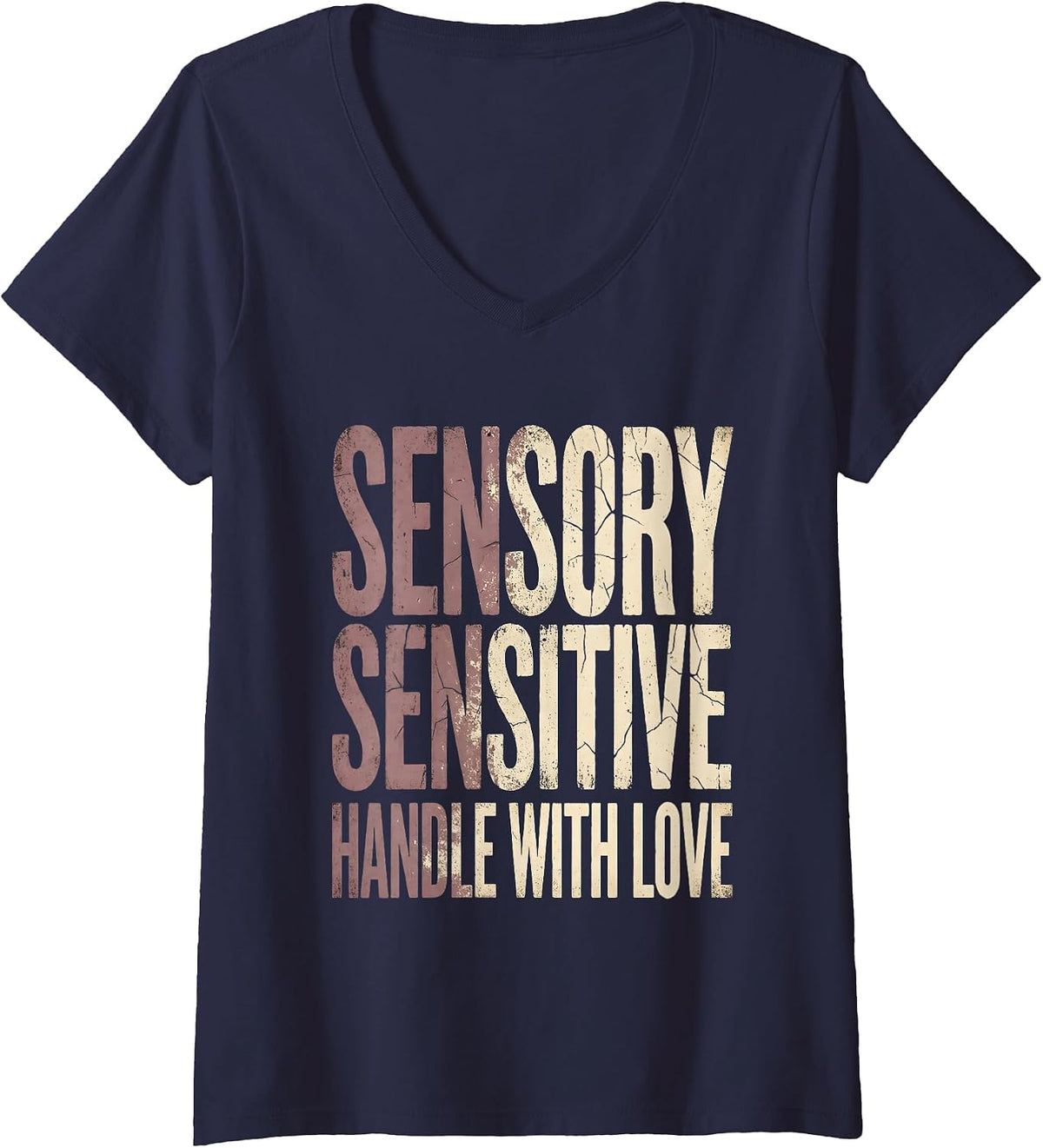 Women's Sensory Sensitive Handle With Love Autism Design V-Neck T-Shirt - Navy Blue
