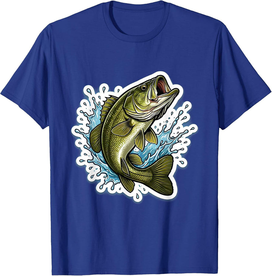 Largemouth Bass Leaping Fishing Graphic T-Shirt - Royal Blue