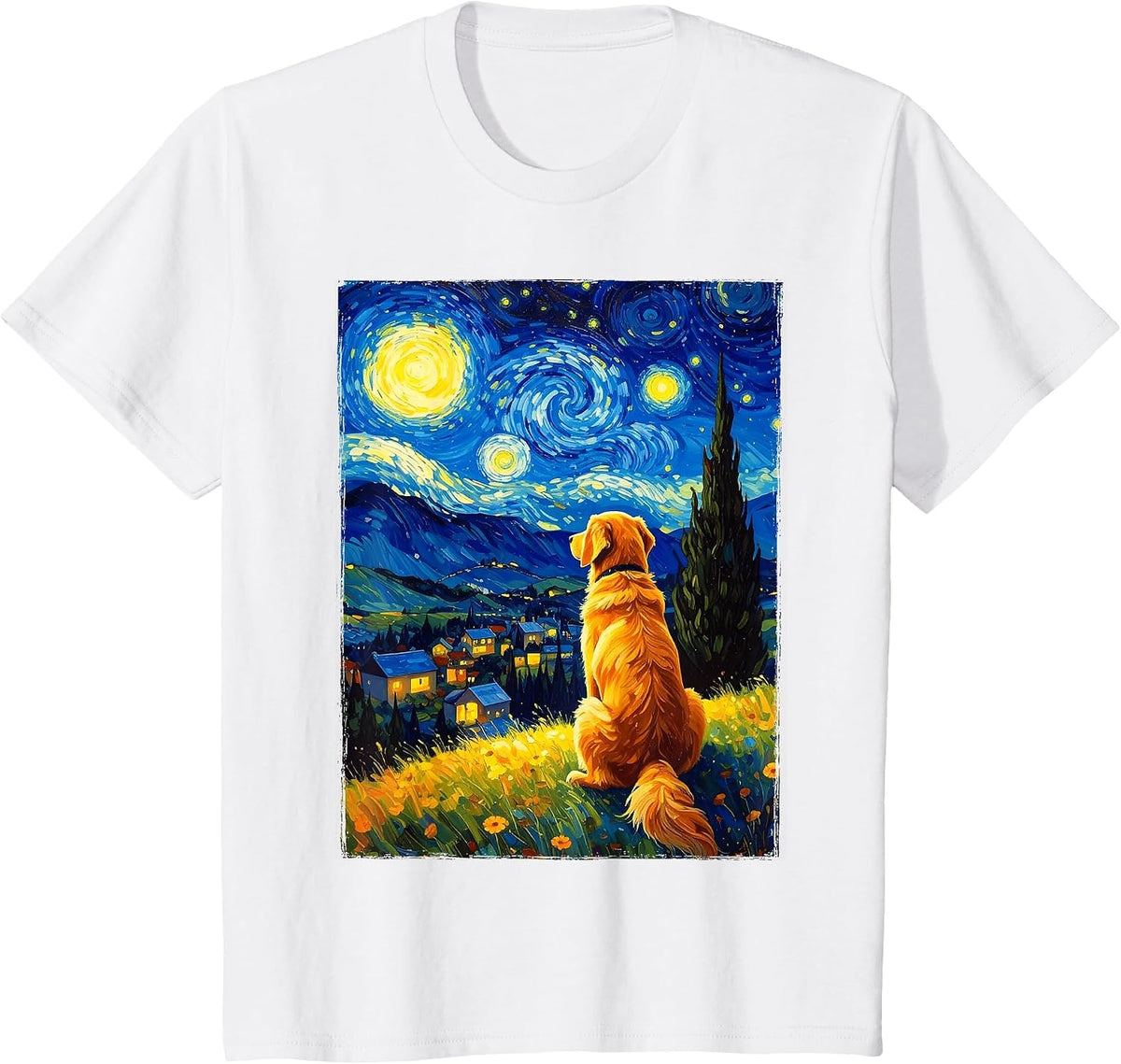 Van Gogh Starry Night Painting Golden Retriever Dog T-Shirt - White