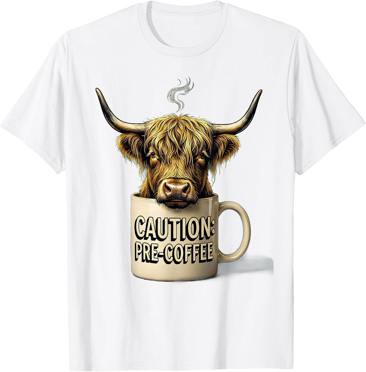 Men's Caution Pre-Coffee Funny Highland Cow Novelty Coffee Lover T-Shirt - White