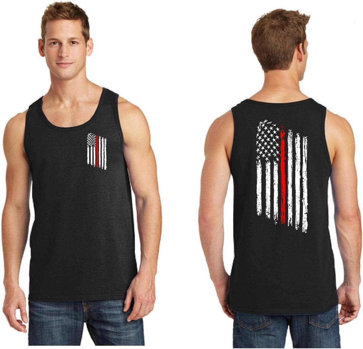 Men's Tattered American Flag Thin Red Line Firefighter Tank Top - Black