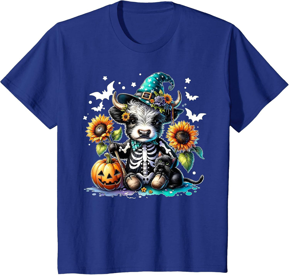 Highland Cow Witch Skeleton Halloween Sunflower Pumpkin Fall T-Shirt - Royal Blue