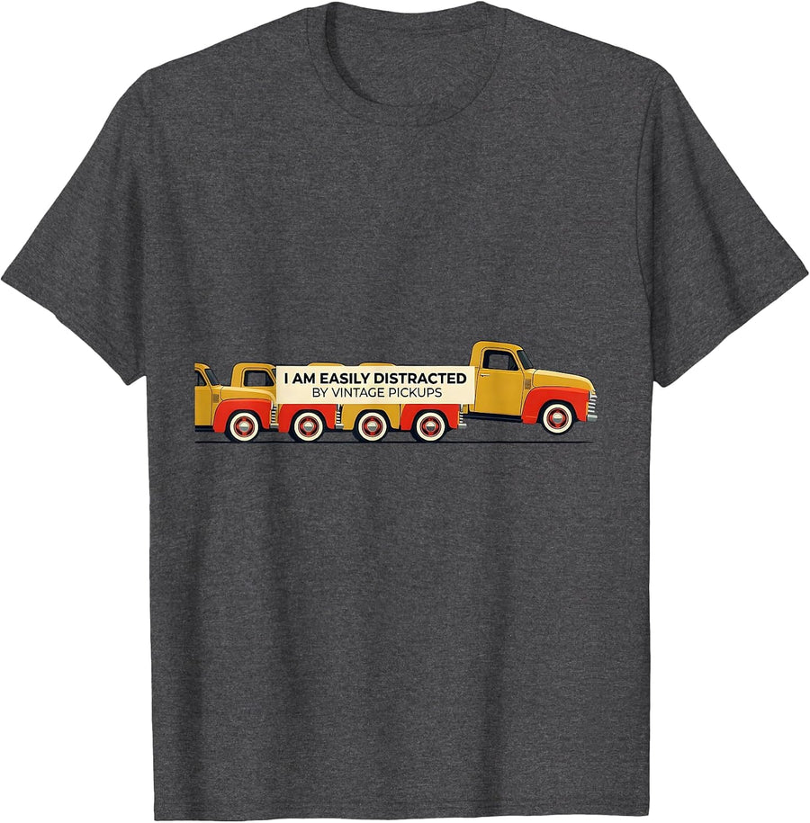 Men's I Am Easily Distracted By Vintage Pickups Classic Car Guy T-Shirt - Dark Heather Grey