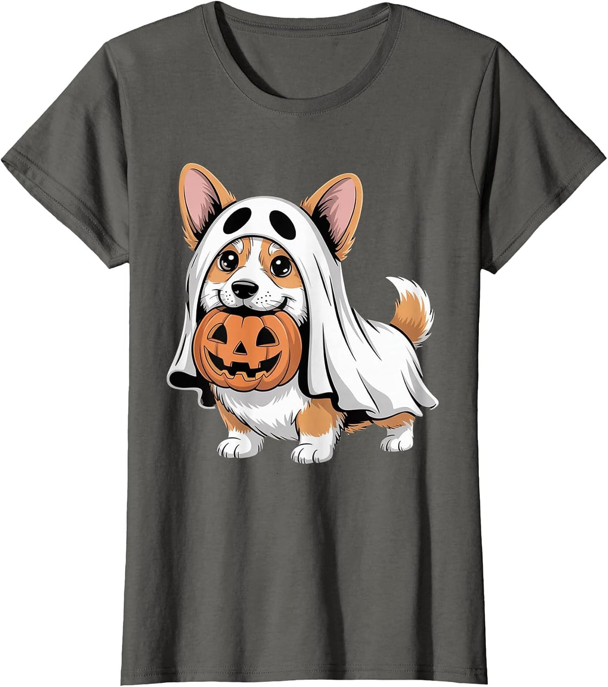 Cute Corgi Ghost Pumpkin Dog Owner Halloween Costume T-Shirt - Asphalt Grey