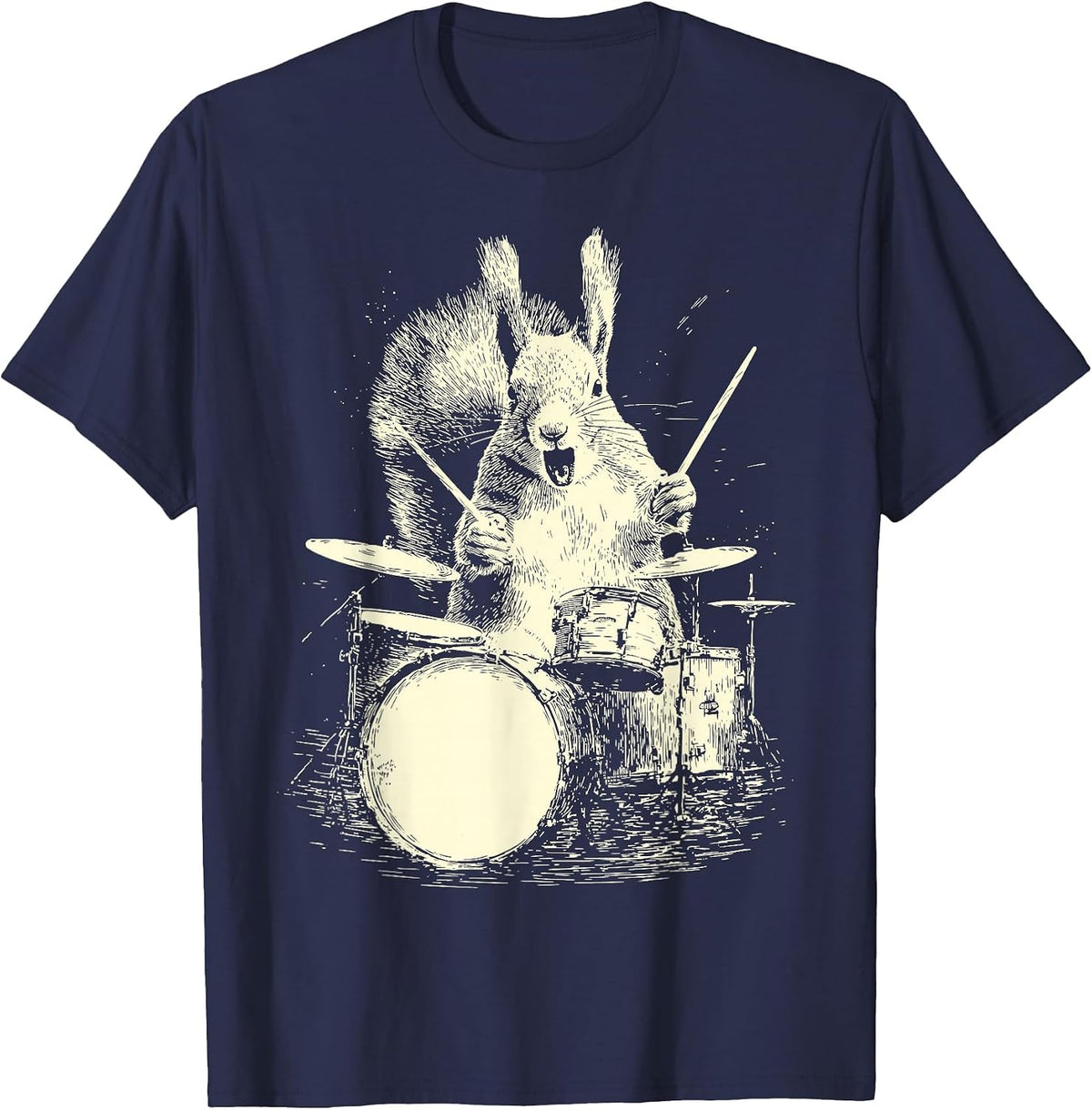 Squirrel Playing Drums Funny Music Animal Drummer Graphic T-Shirt - Navy Blue