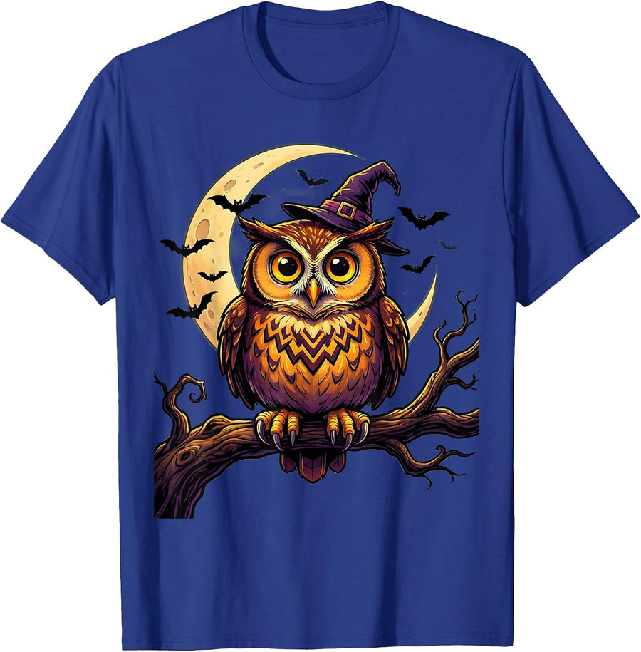 Witch Hat Owl at Dusk Halloween Design T-Shirt - Royal Blue
