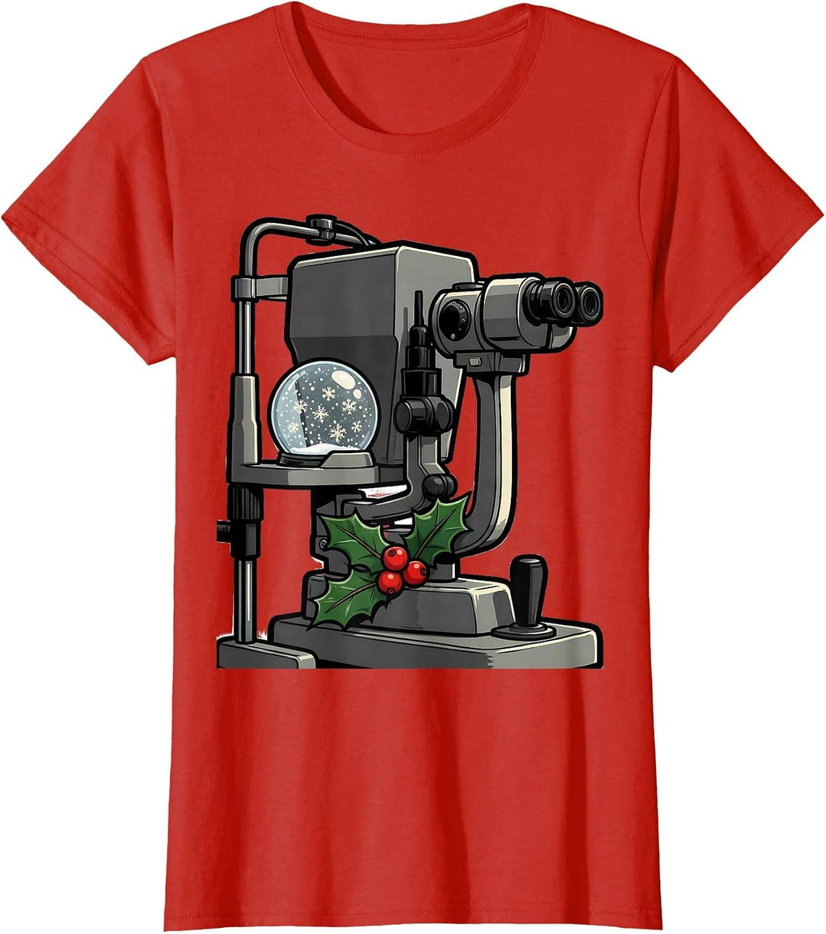 Women's Slit Lamp Snow Globe Cartoon Optometrist Christmas T-Shirt - Red