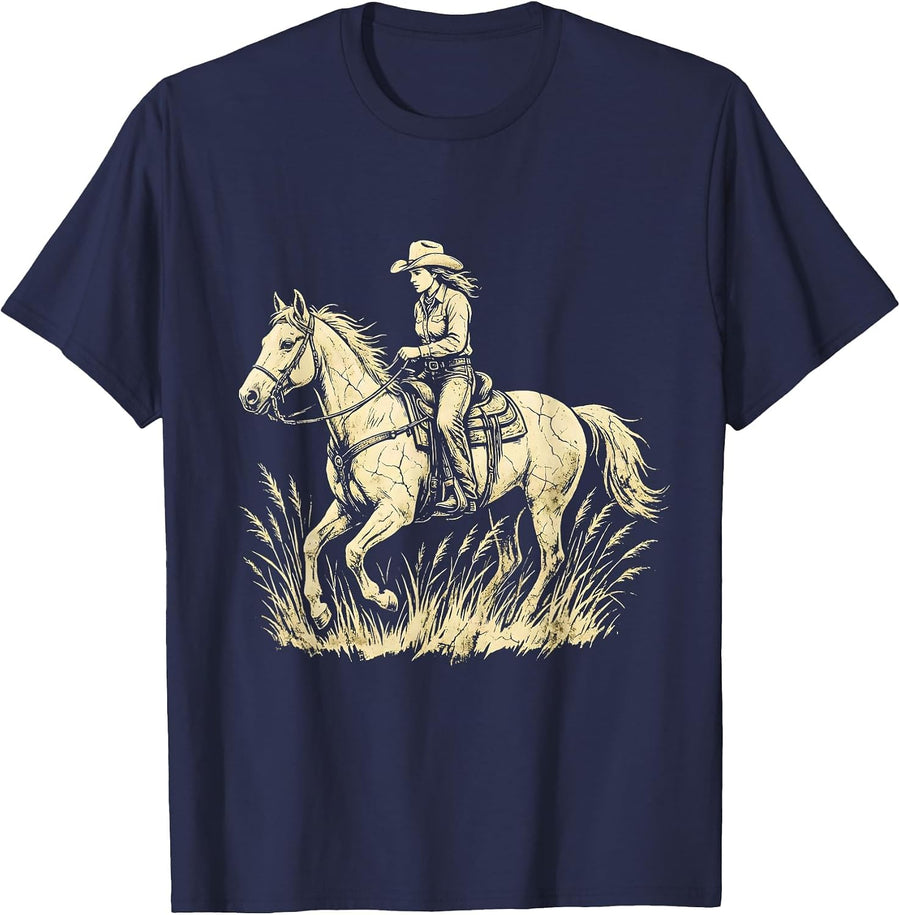 Cowgirl on Horseback Through Golden Grass T-Shirt - Navy Blue
