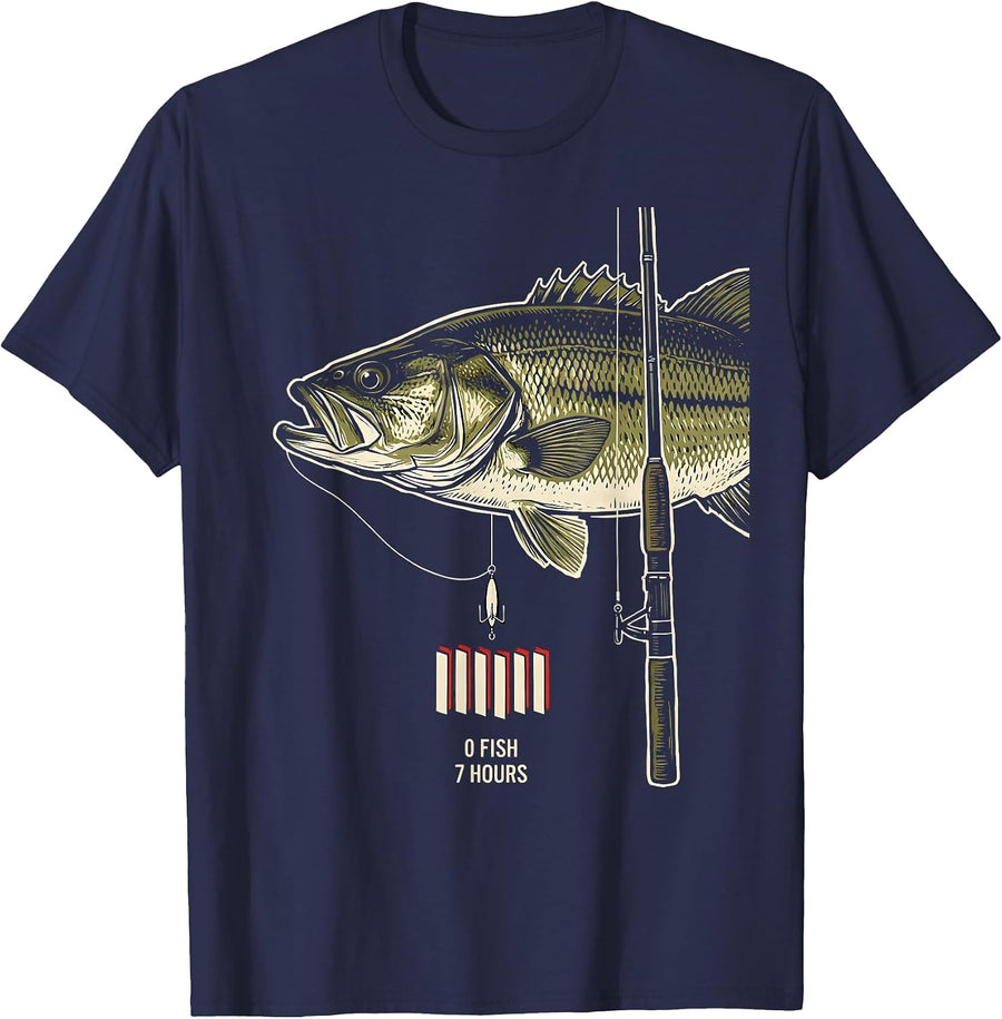 0 Fish 7 Hours Linocut Bass Fishing Dad Humor T-Shirt - Navy Blue