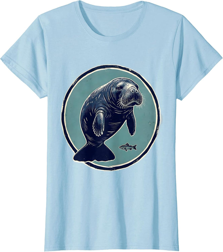 Women's Manatee Linocut Art Sea Animal Lover Novelty Humor T-Shirt - Baby Blue