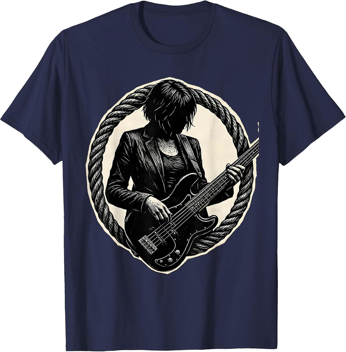 Bassist Wrapped in Guitar Cable Rock Art T-Shirt - Navy Blue