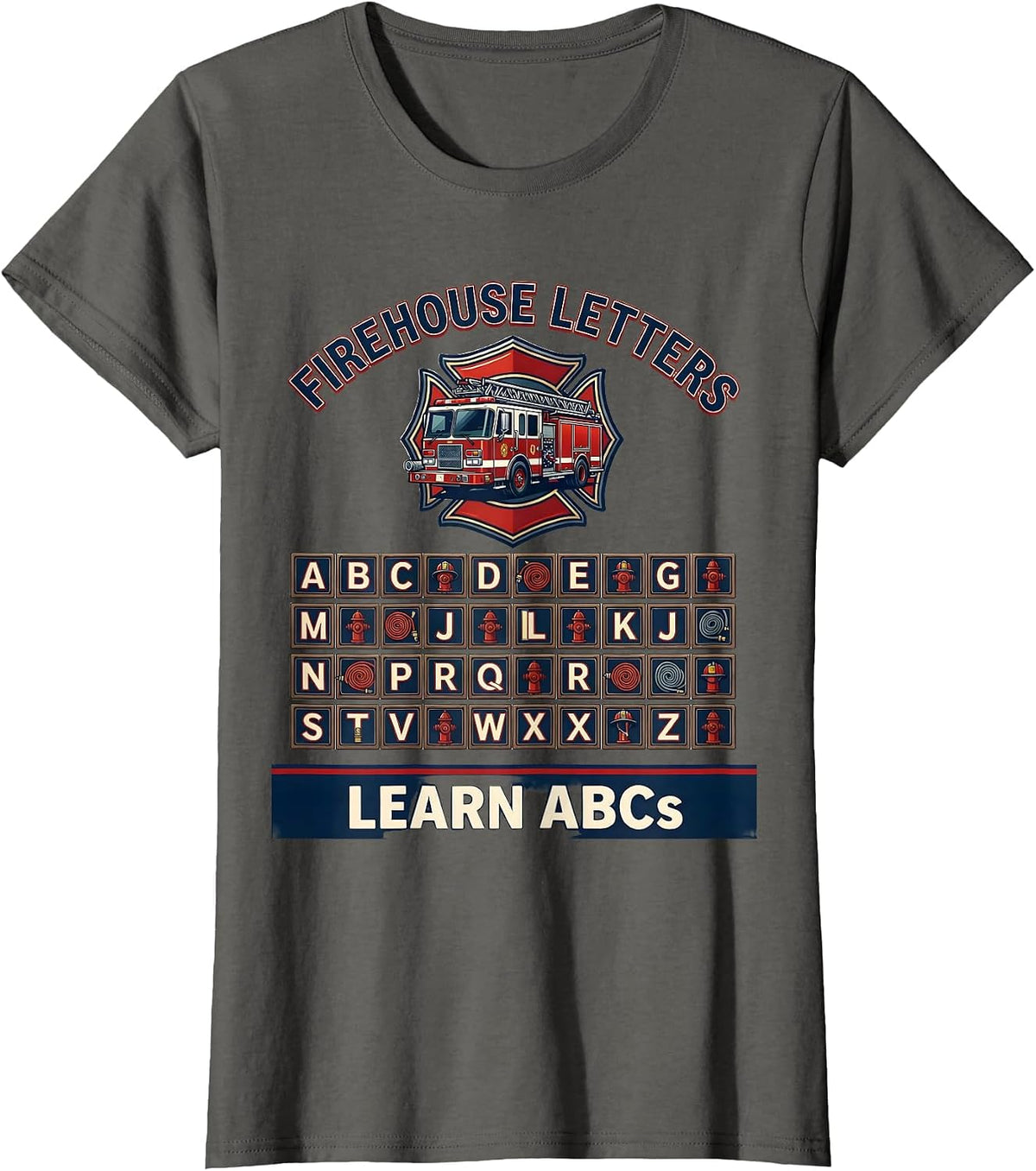 Women's Firehouse Letters Learn ABCs Teacher Preschool Alphabet T-Shirt - Asphalt Grey