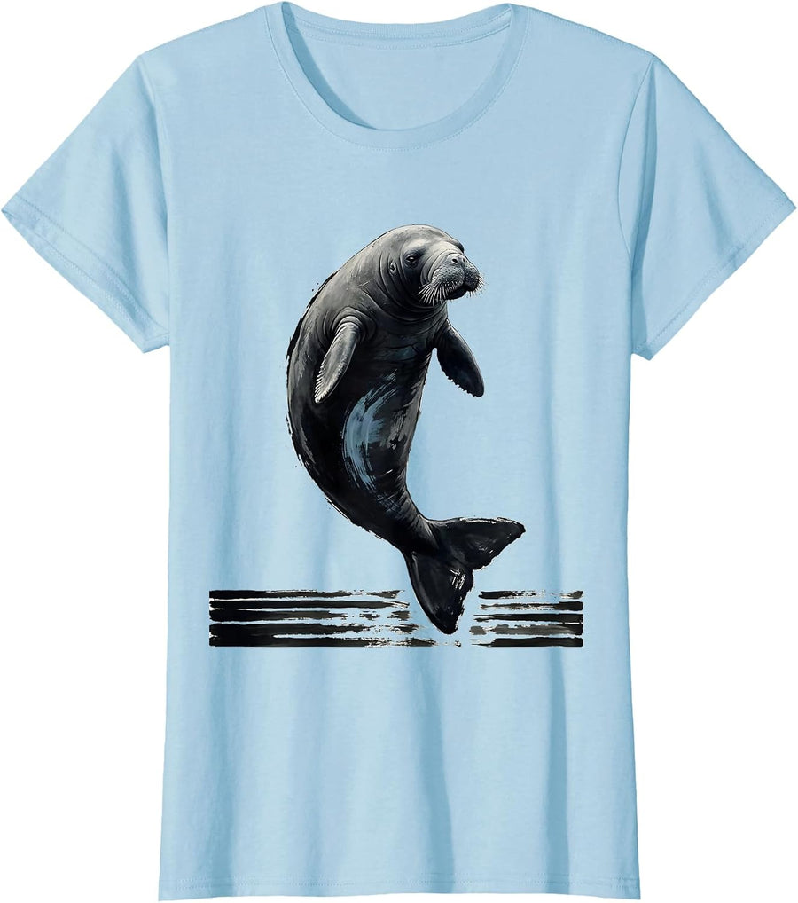 Women's Manatee Ink Brush Art Funny Sea Animal Lover Humor T-Shirt - Baby Blue