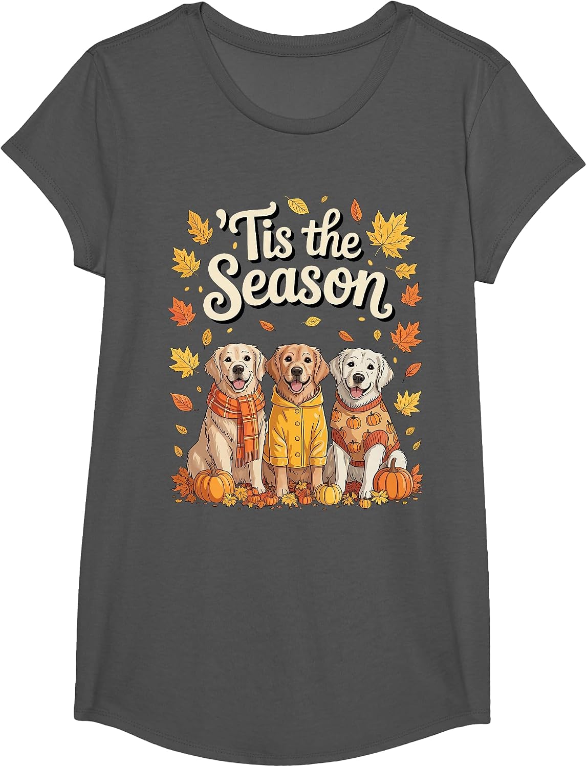 Tis The Season Golden Retriever Fall Autumn Pumpkin Dog T-Shirt - Girls Asphalt Grey