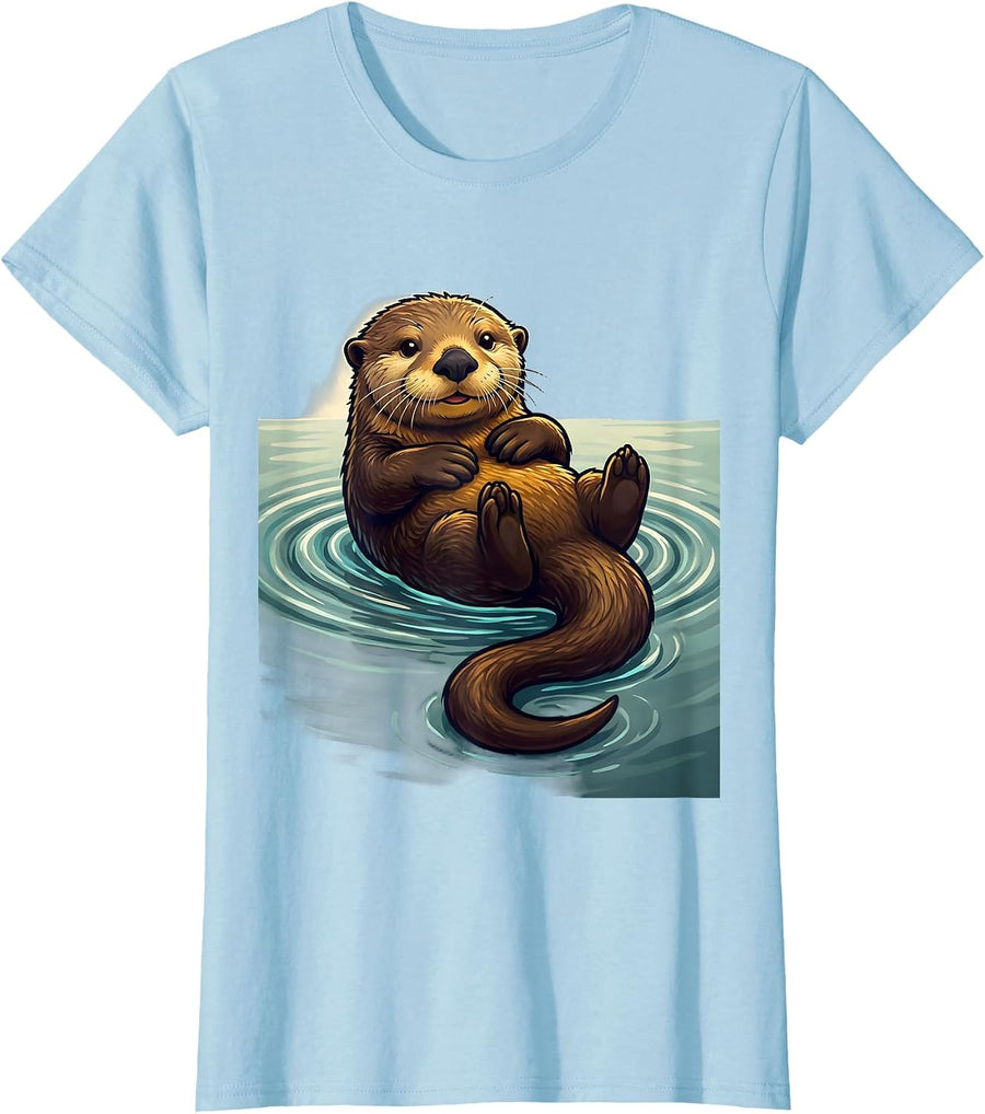 Women's Cheerful Belly-Up Sea Otter Cartoon Animal Lover Humor T-Shirt - Baby Blue