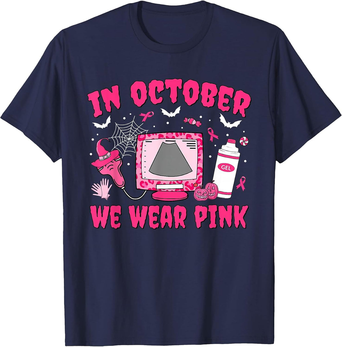 in October We Wear Pink Sonographer Leopard Breast Cancer T-Shirt - Navy Blue