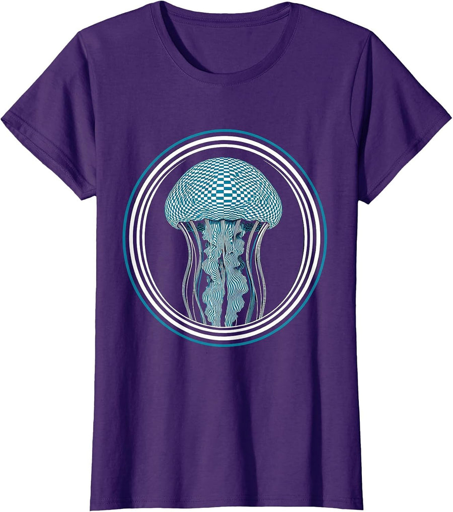 Women's Checkered Jellyfish Deep Ocean Graphic Design T-Shirt - Purple