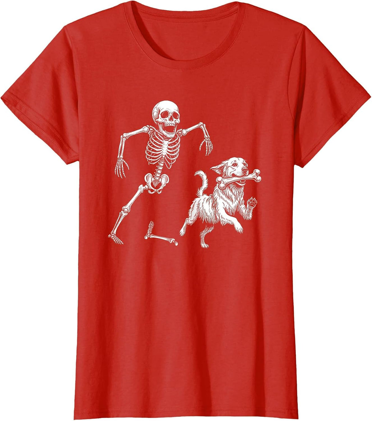 Cute Golden Retriever with Skeleton Bone Halloween Dog Lover T-Shirt - Red