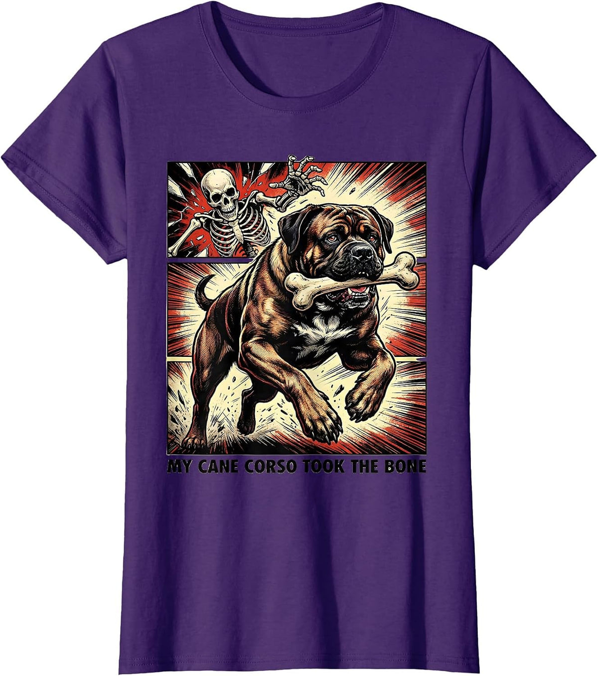 Women's My Cane Corso Took the Bone Funny Skeleton Chasing Dog Mom T-Shirt - Purple