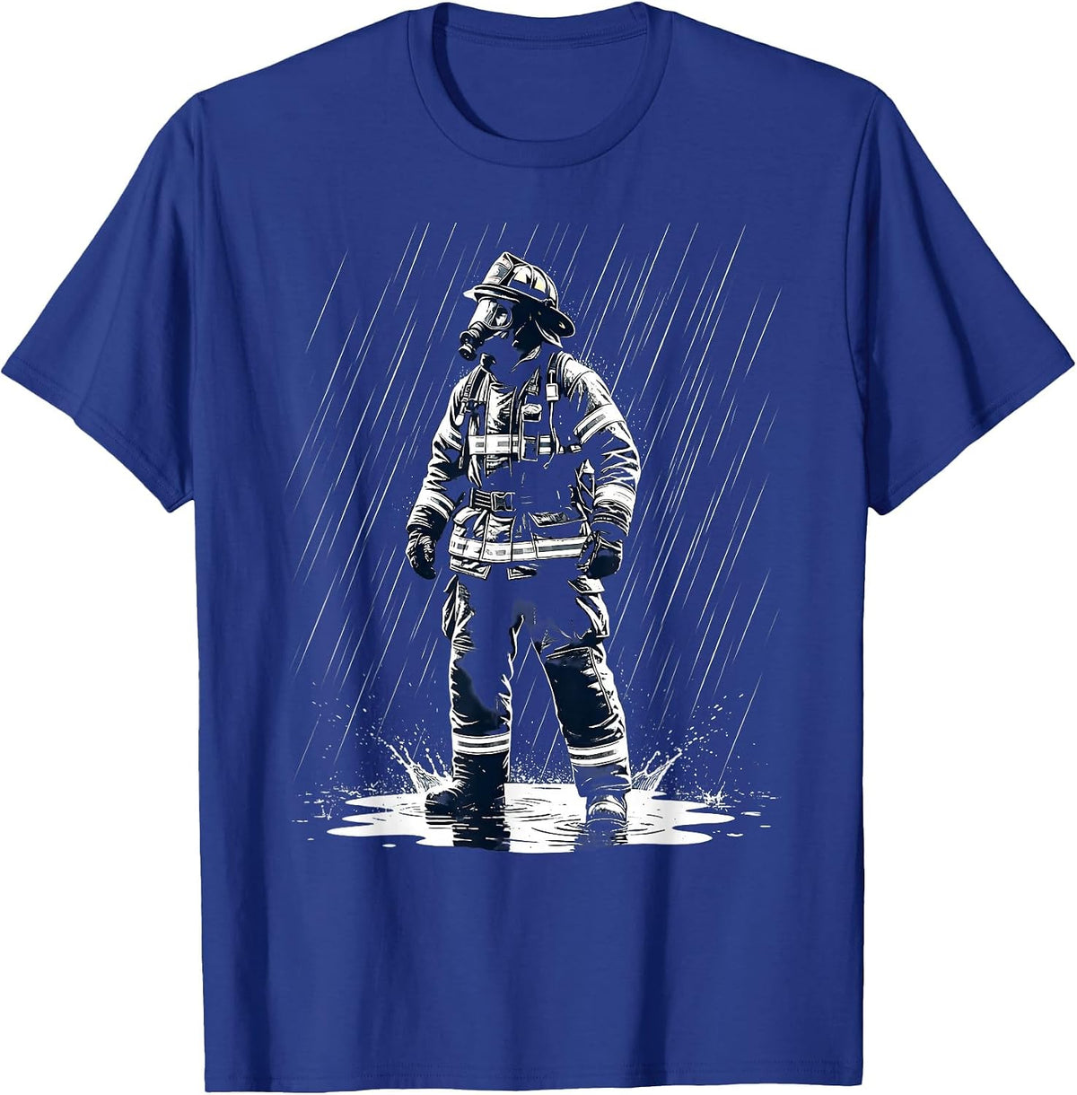 Men's Firefighter in Full Gear Standing in Heavy Rain T-Shirt - Royal Blue