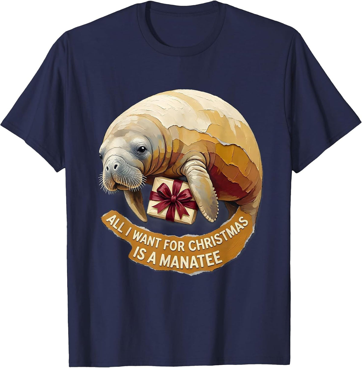Men's All I Want For Christmas Is A Manatee Funny Ugly Sweater T-Shirt - Navy Blue