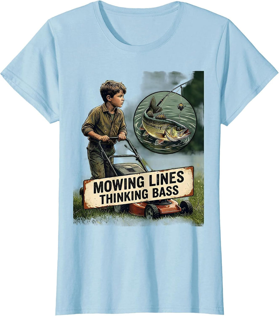 Women's Mowing Lines Thinking Bass Vintage Funny Fishing Humor T-Shirt - Baby Blue