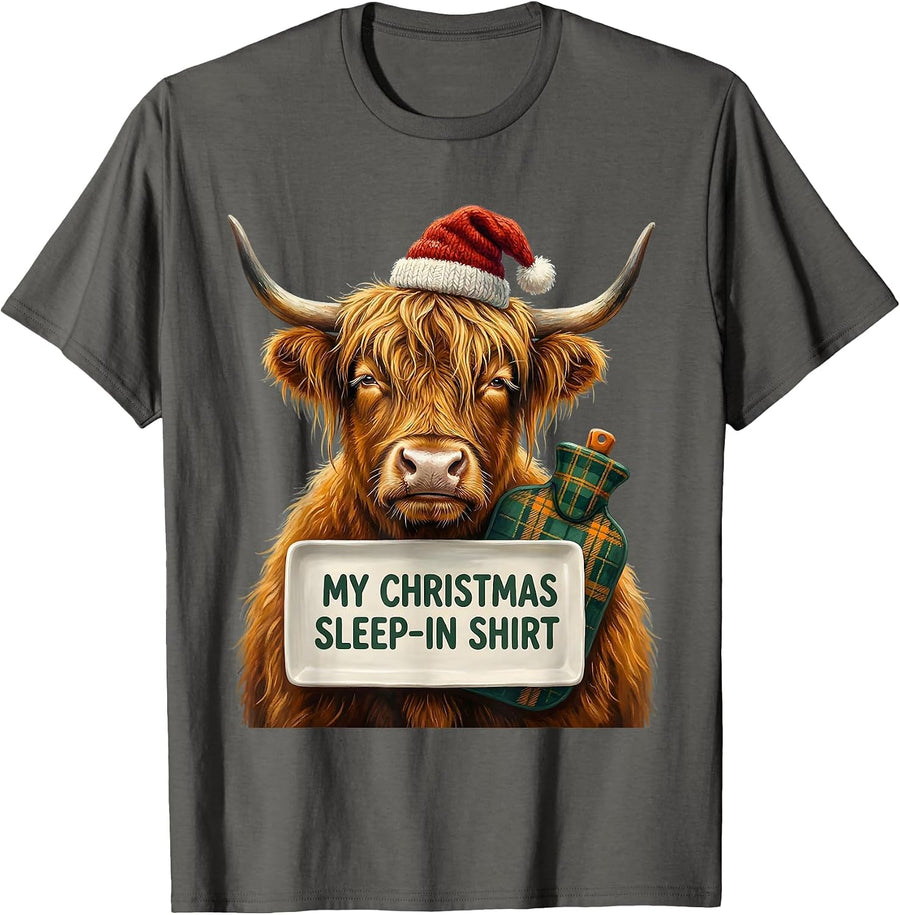 My Christmas Sleep-In Shirt Funny Highland Cow Santa Lover T-Shirt - Asphalt Grey