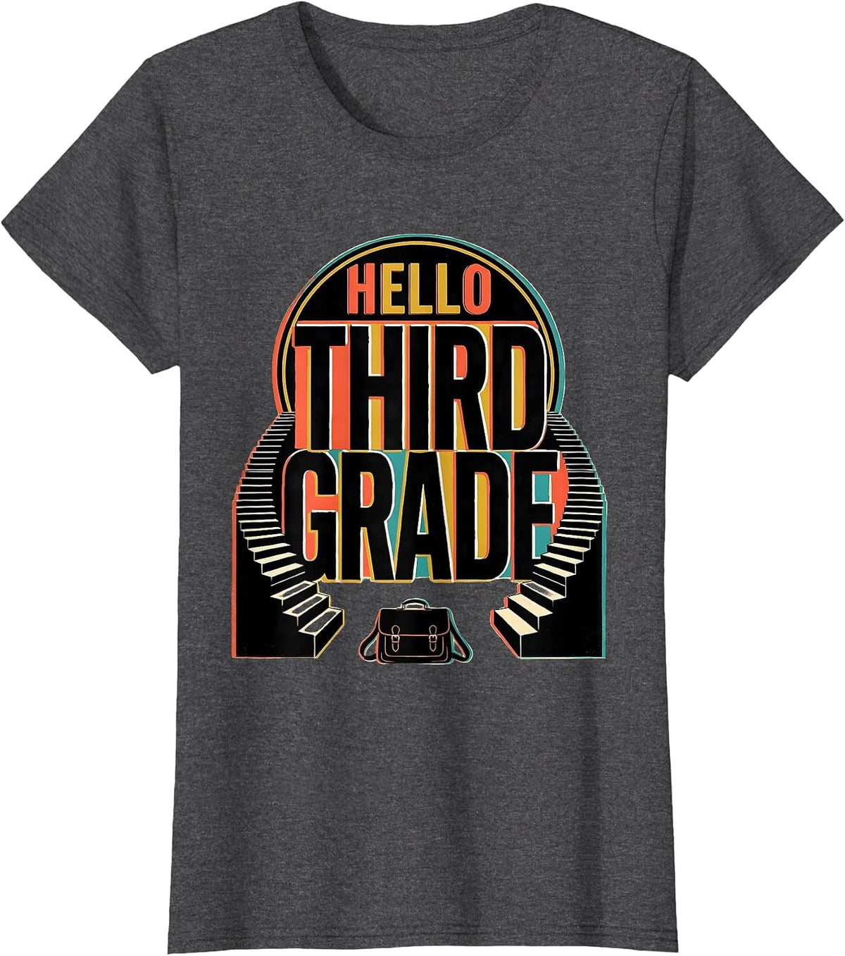 Women's Hello Third Grade Playful Whimsical Kids Teacher Back T-Shirt - Dark Heather Grey