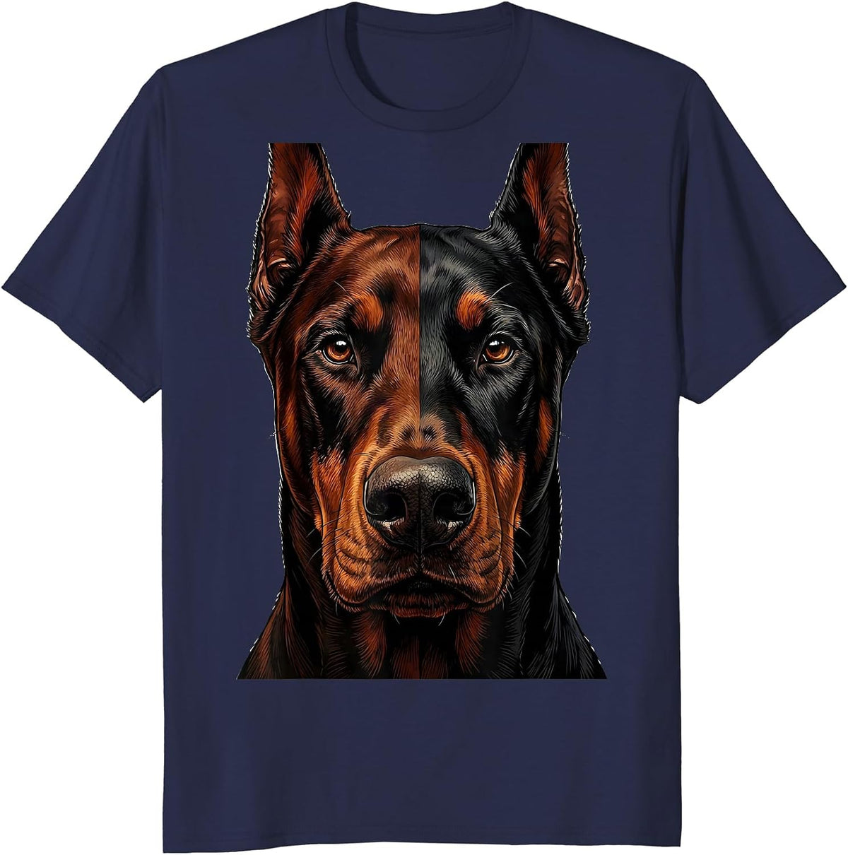 Men's Doberman Face Split Two-Tone Graphic Design T-Shirt - Navy Blue