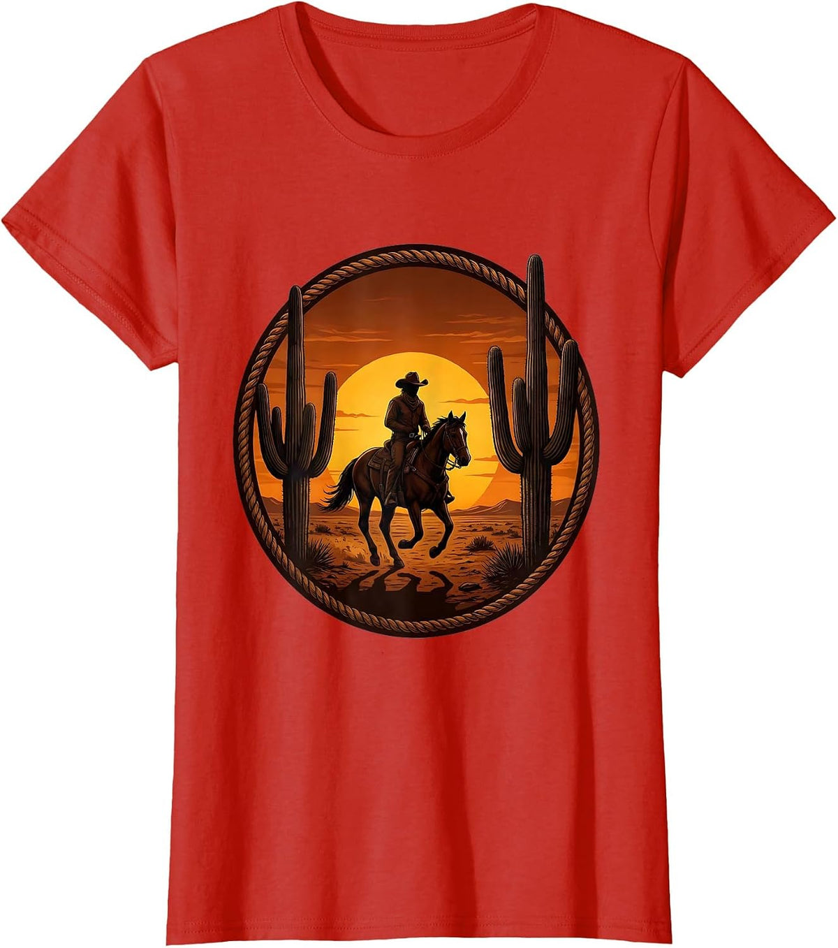 Cowboy Riding Horse Cactus Sunset Silhouette T-Shirt - Red