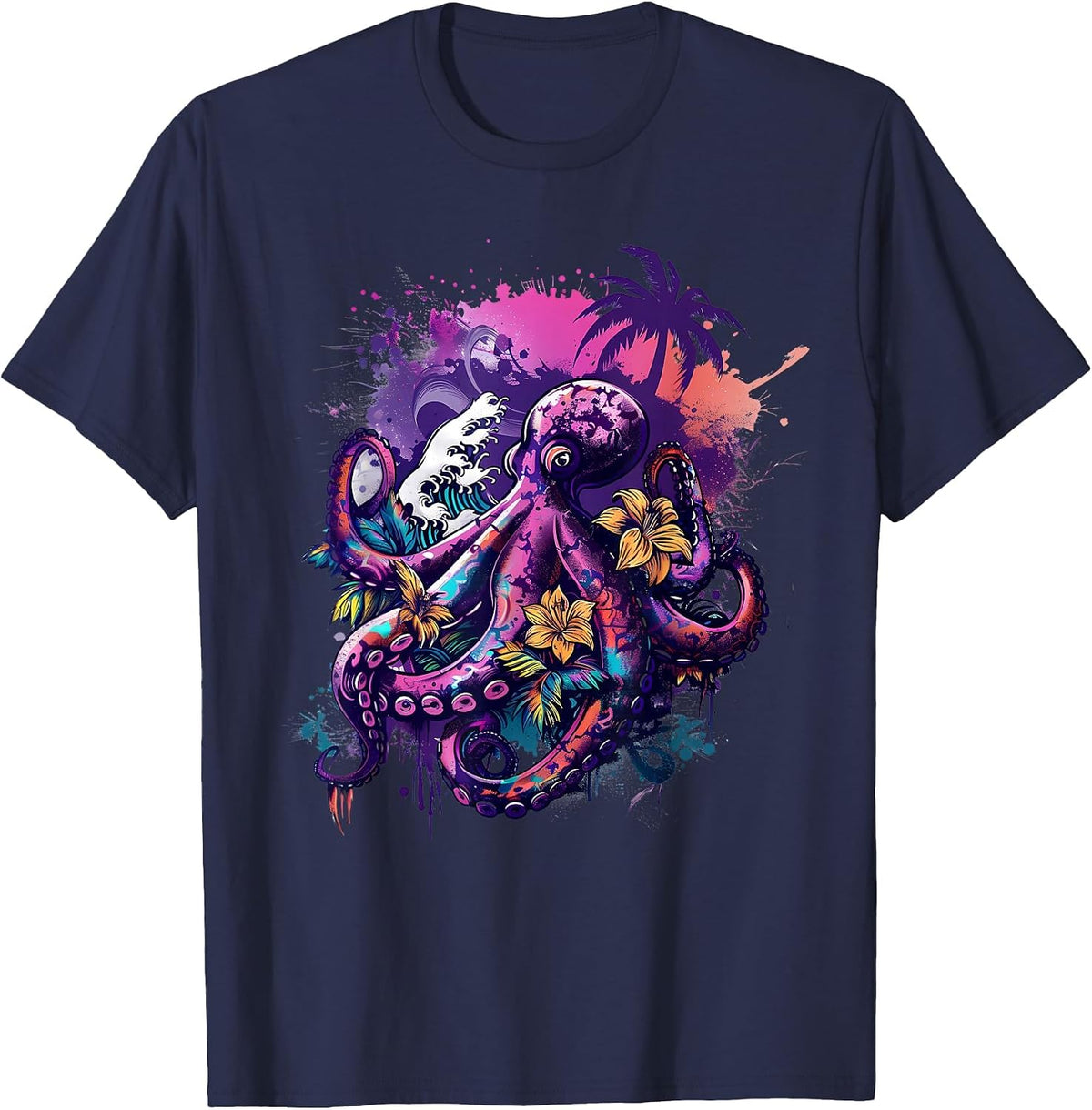 Octopus Sea Creature Artwork Floral Kraken Sea Ocean Octopus T-Shirt - Navy Blue