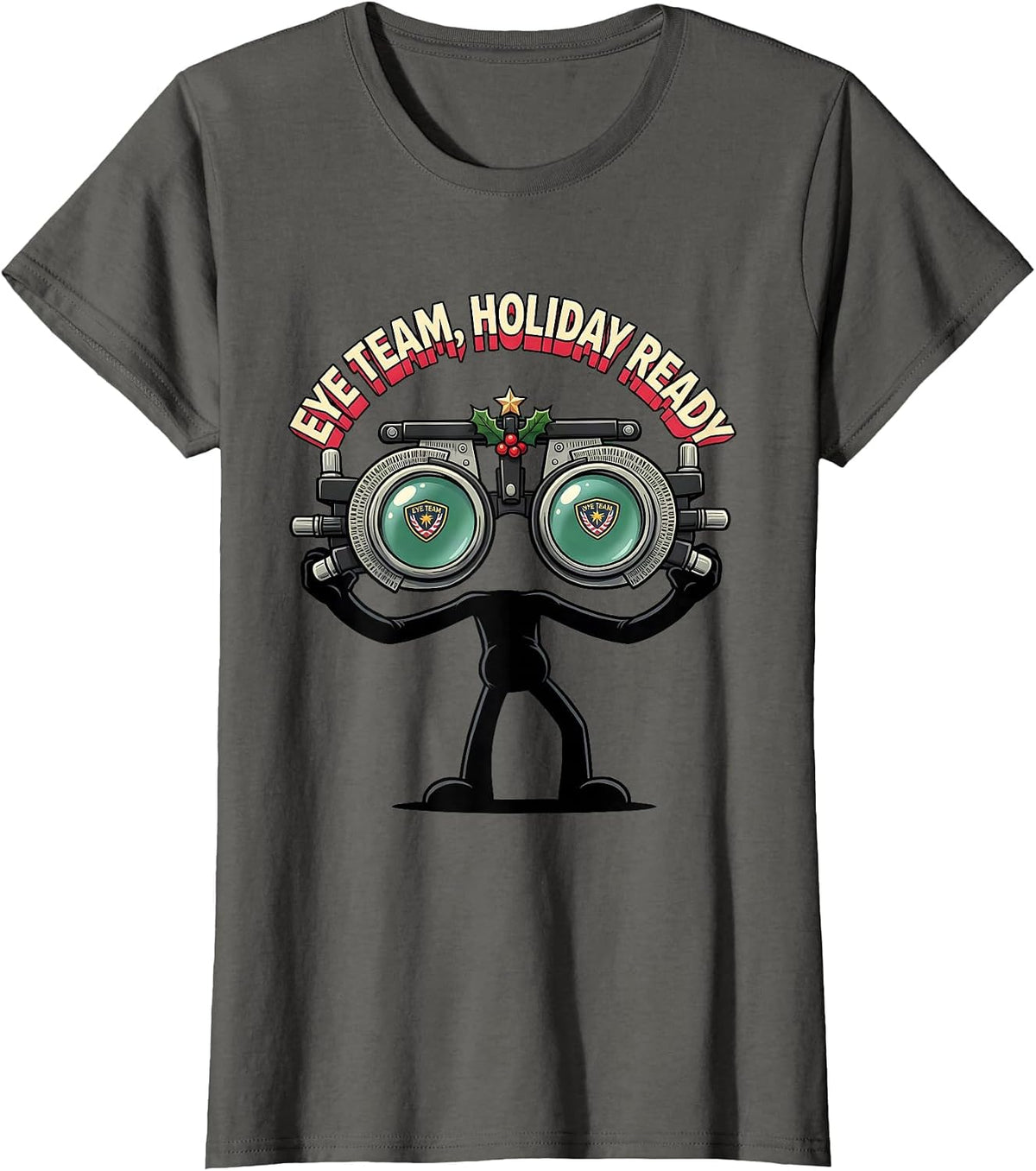Women's Eye Team Holiday Ready Cartoon Optometrist Christmas T-Shirt - Asphalt Grey