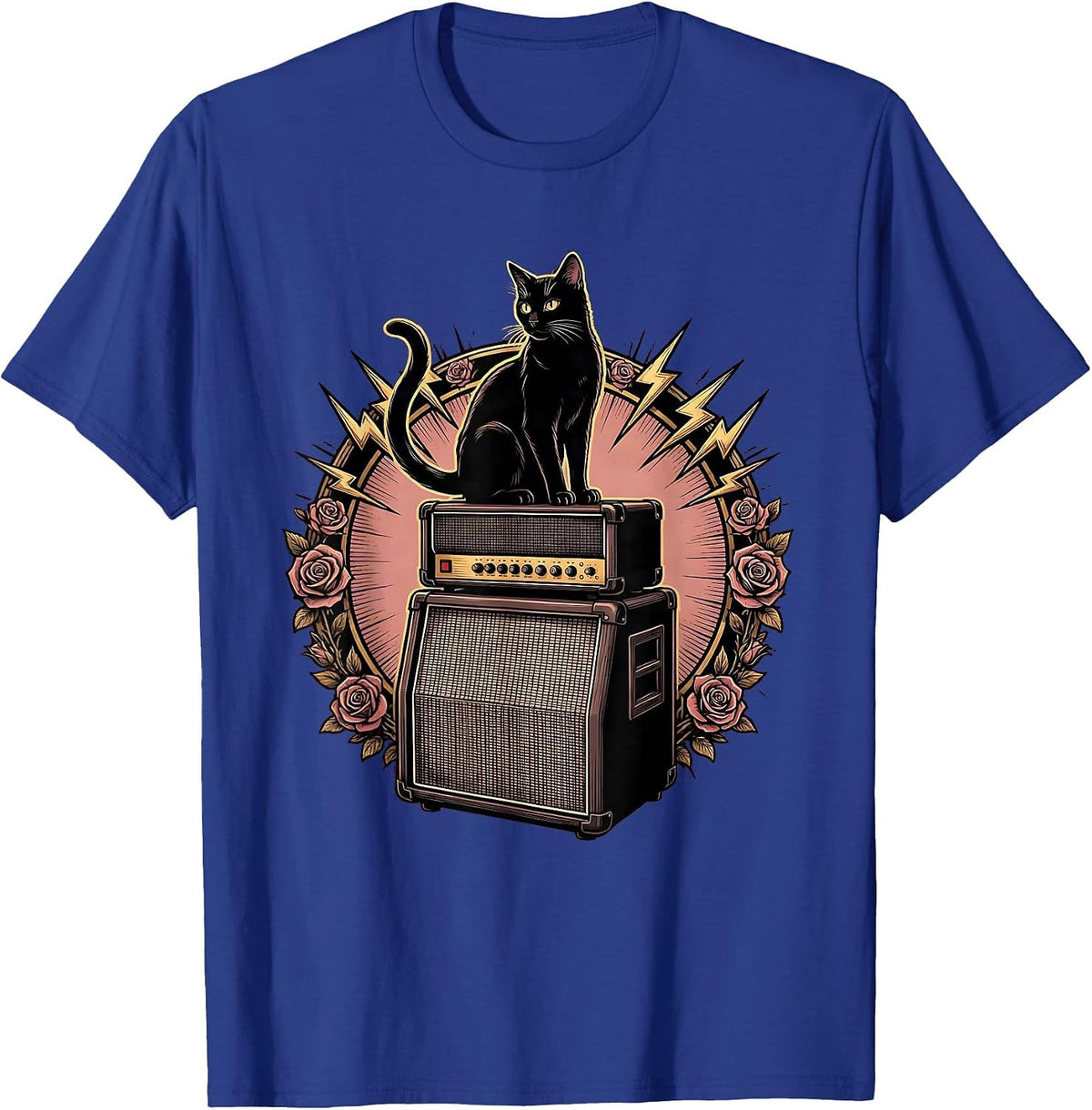 Black Cat Silhouette on Amp Stack Rock Art T-Shirt - Royal Blue