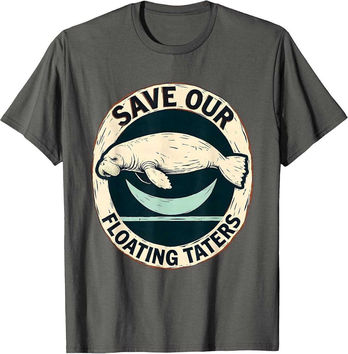 Men's Save Our Floating Taters Linocut Manatee Sea Cow Pun Humor T-Shirt - Asphalt Grey