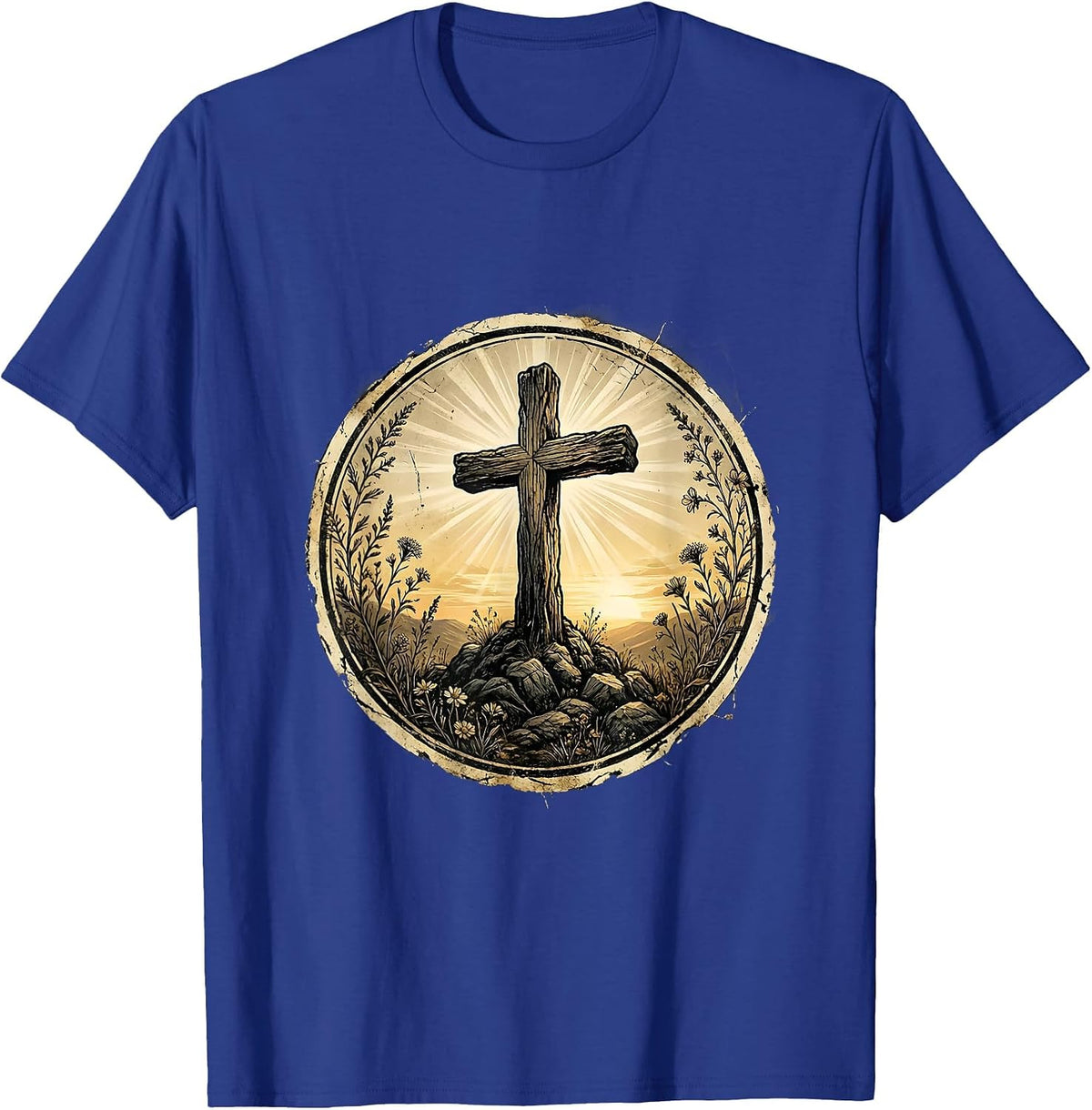 Men's Cross on Rocky Hillside at Dusk Faith Design T-Shirt - Royal Blue