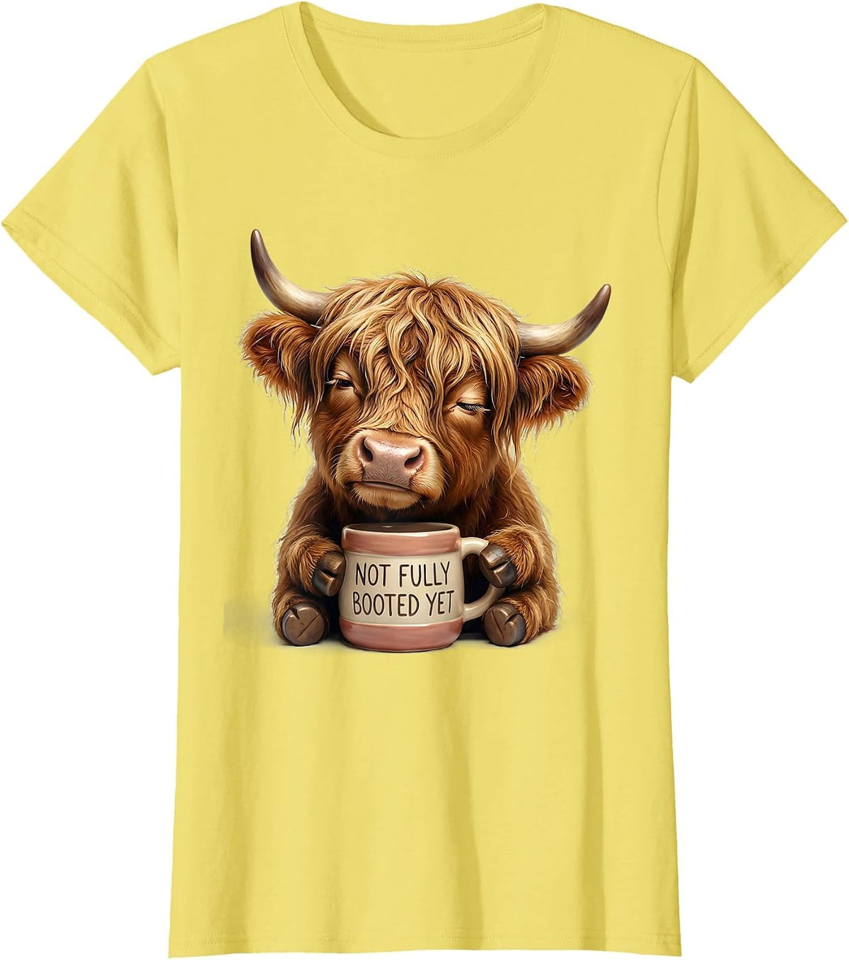 Not Fully Booted Yet Cute Kawaii Highland Cow Coffee Lover T-Shirt - Lemon Yellow