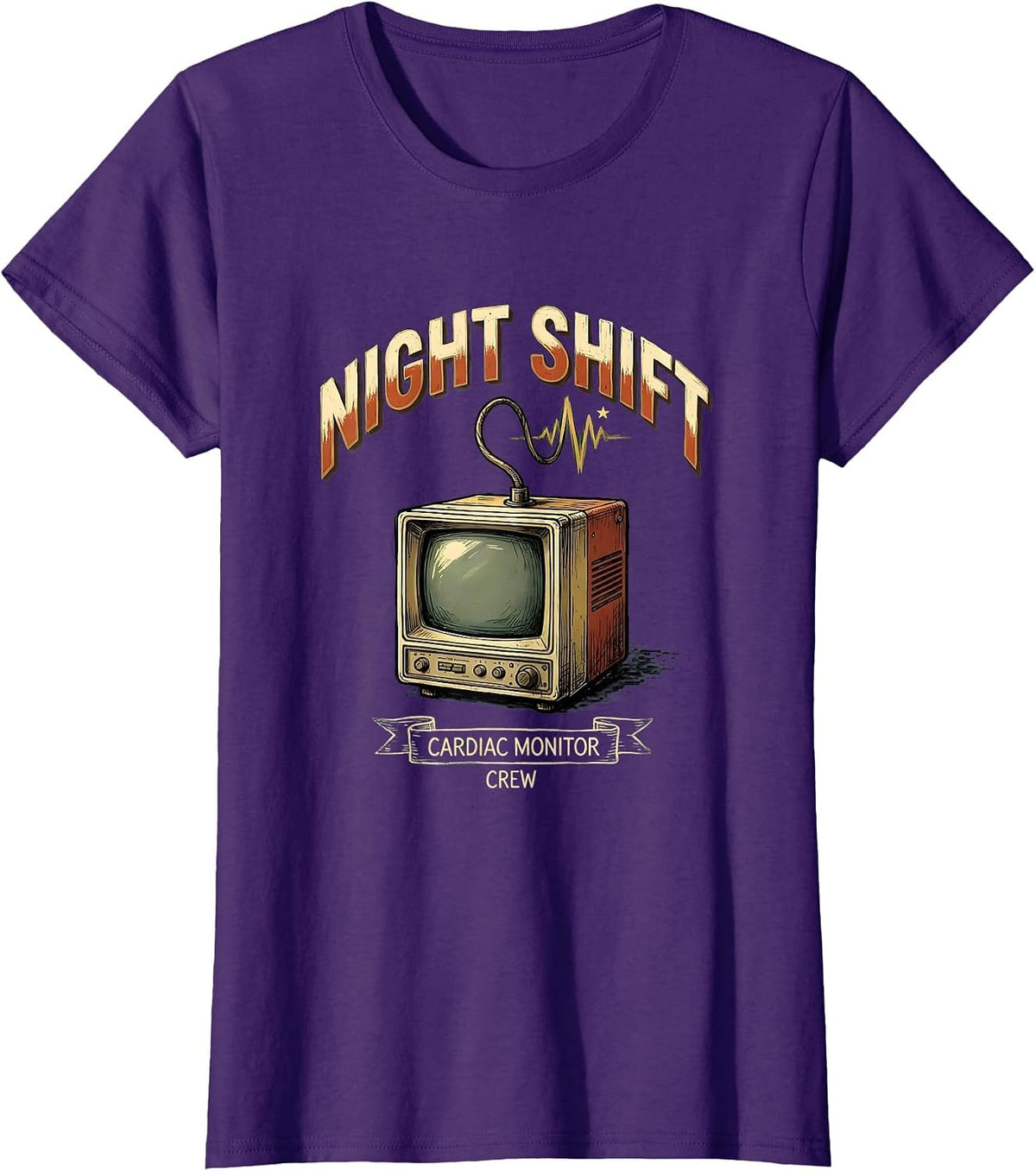 Women's Night Shift Cardiac Monitor Crew Funny Cardiac Tech EKG T-Shirt - Purple