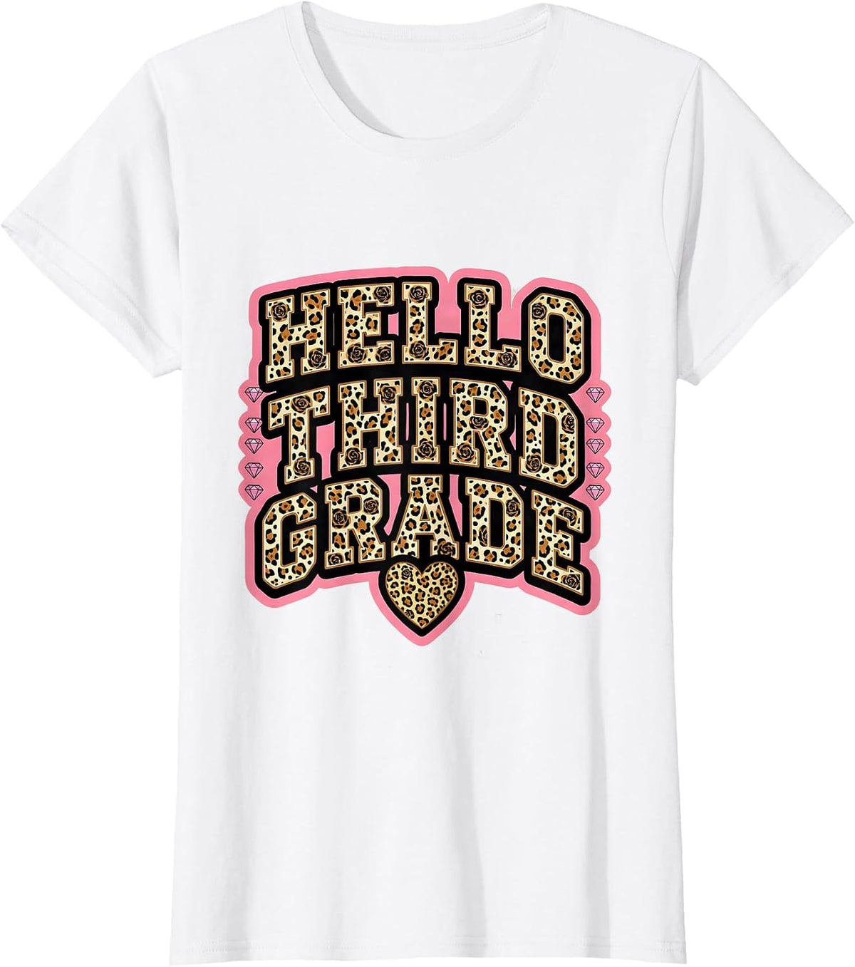 Hello Third Grade Sparkle Varsity Leopard Teacher Back T-Shirt - White