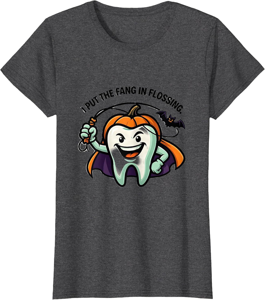 Women's I Put The Fang In Flossing Funny Dentist Halloween Dental T-Shirt - Dark Heather Grey