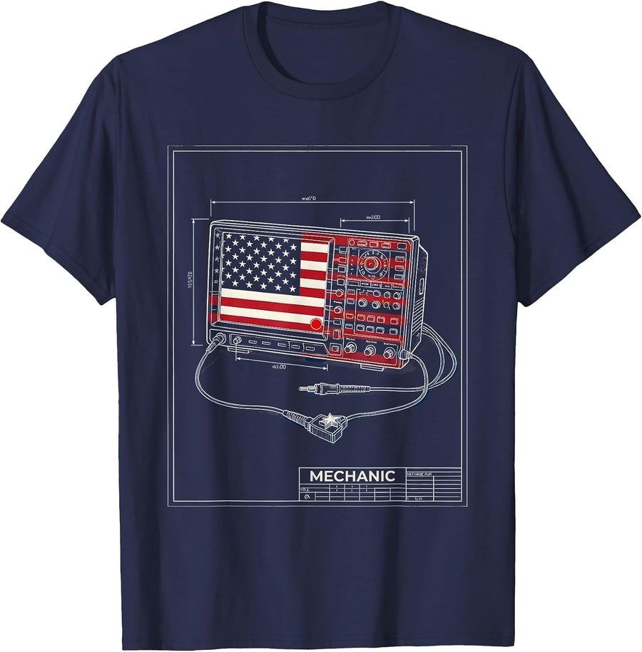 Mechanic Technical Blueprint American Flag Oilfield Worker T-Shirt - Navy Blue