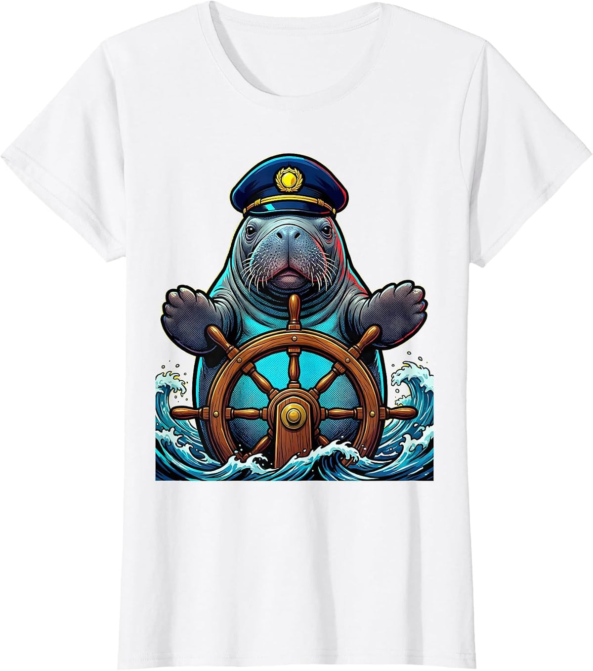 Women's Manatee Captain Steering Ship Nautical Design T-Shirt - White
