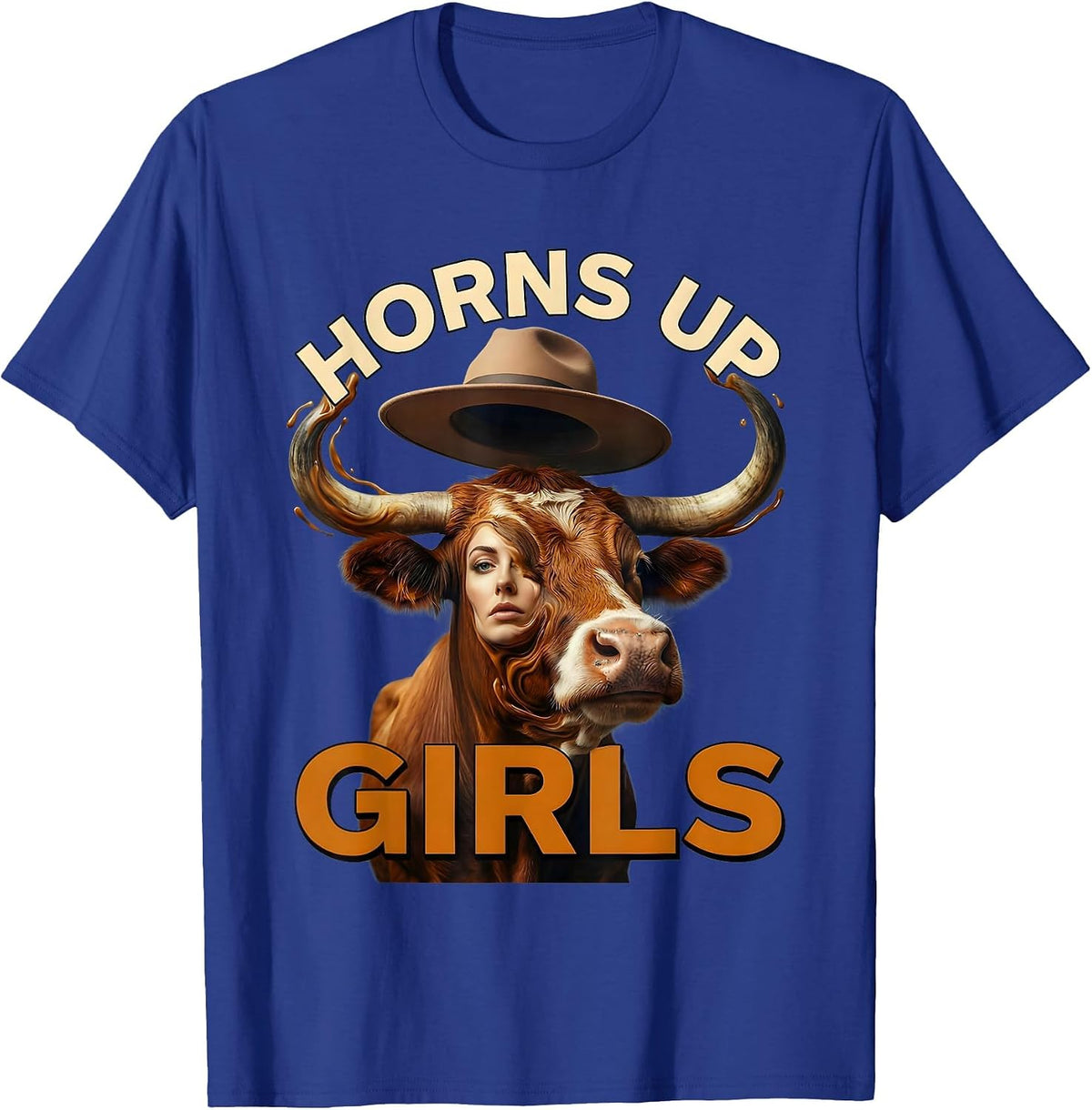 Horns Up Girls Cow Lover Graphic Design T-Shirt - Royal Blue