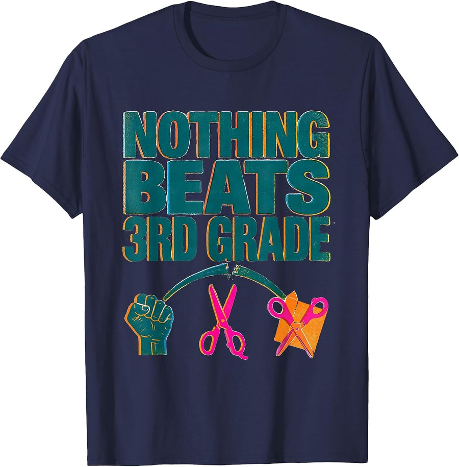 Nothing Beats 3rd Grade Back to School Rock Paper Scissors T-Shirt - Navy Blue