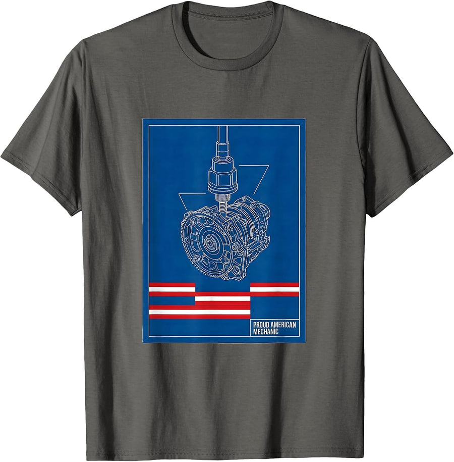 Proud American Mechanic Technical Blueprint USA Flag T-Shirt - Asphalt Grey