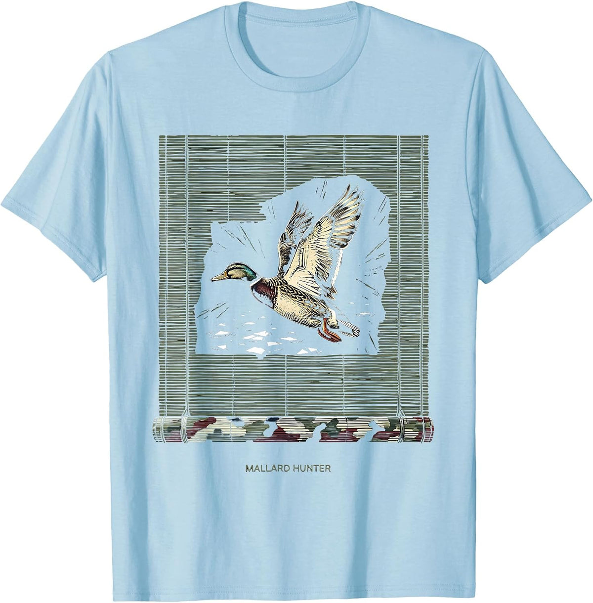 Men's Mallard Hunter Linocut Duck Hunting Camo Patriotic Gift T-Shirt - Baby Blue