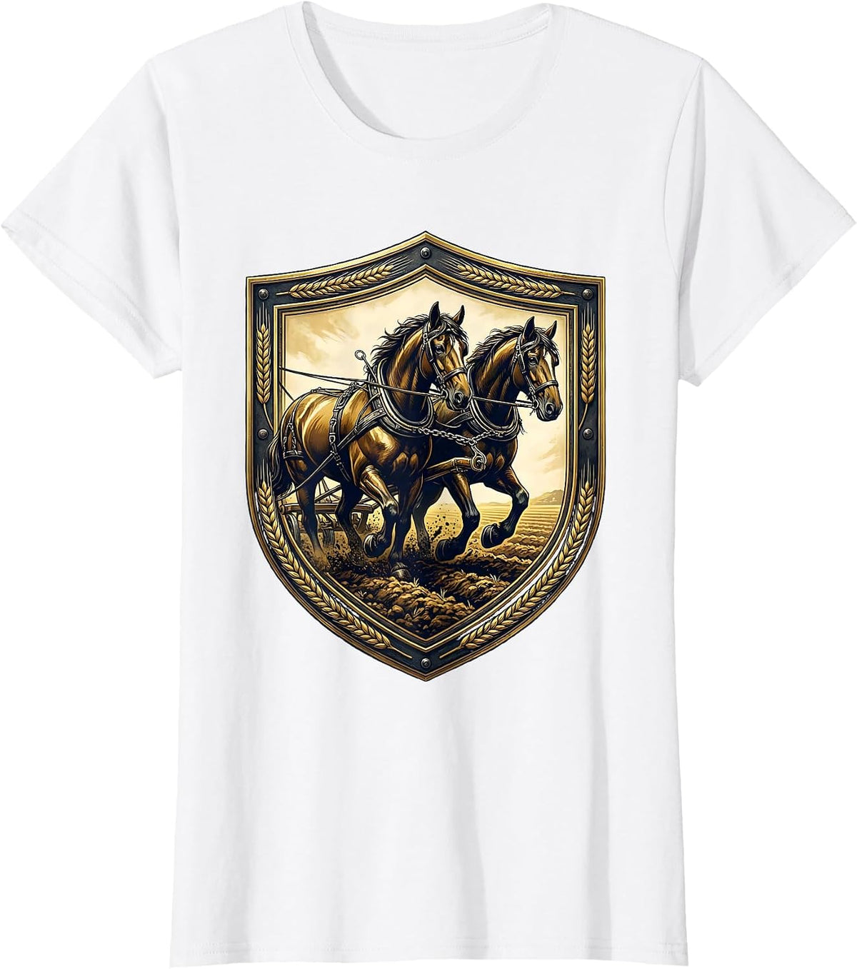 Draft Horses Pulling Plow Graphic Tee T-Shirt - White