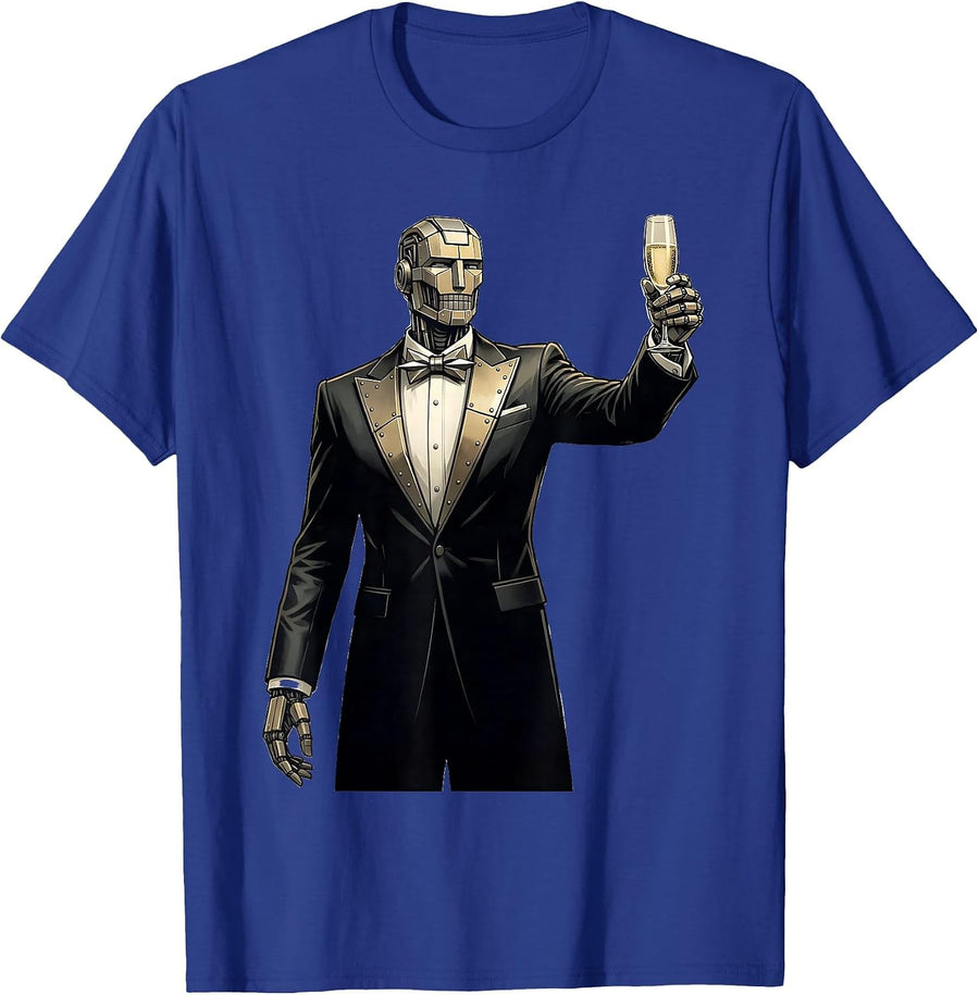 Robot in Tuxedo Champagne Toast Graphic T-Shirt - Royal Blue